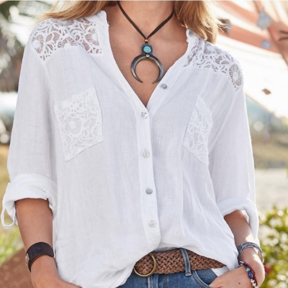Apres Sail Blouse, Indie, woven linen, white, lace, PTP=22", 28"L